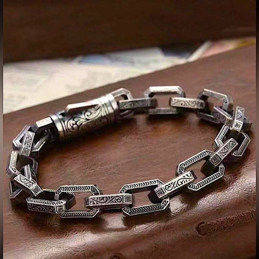 Stainless Steel Chain Link Bracelet, Mantra, Curb Hand Woven Engraved